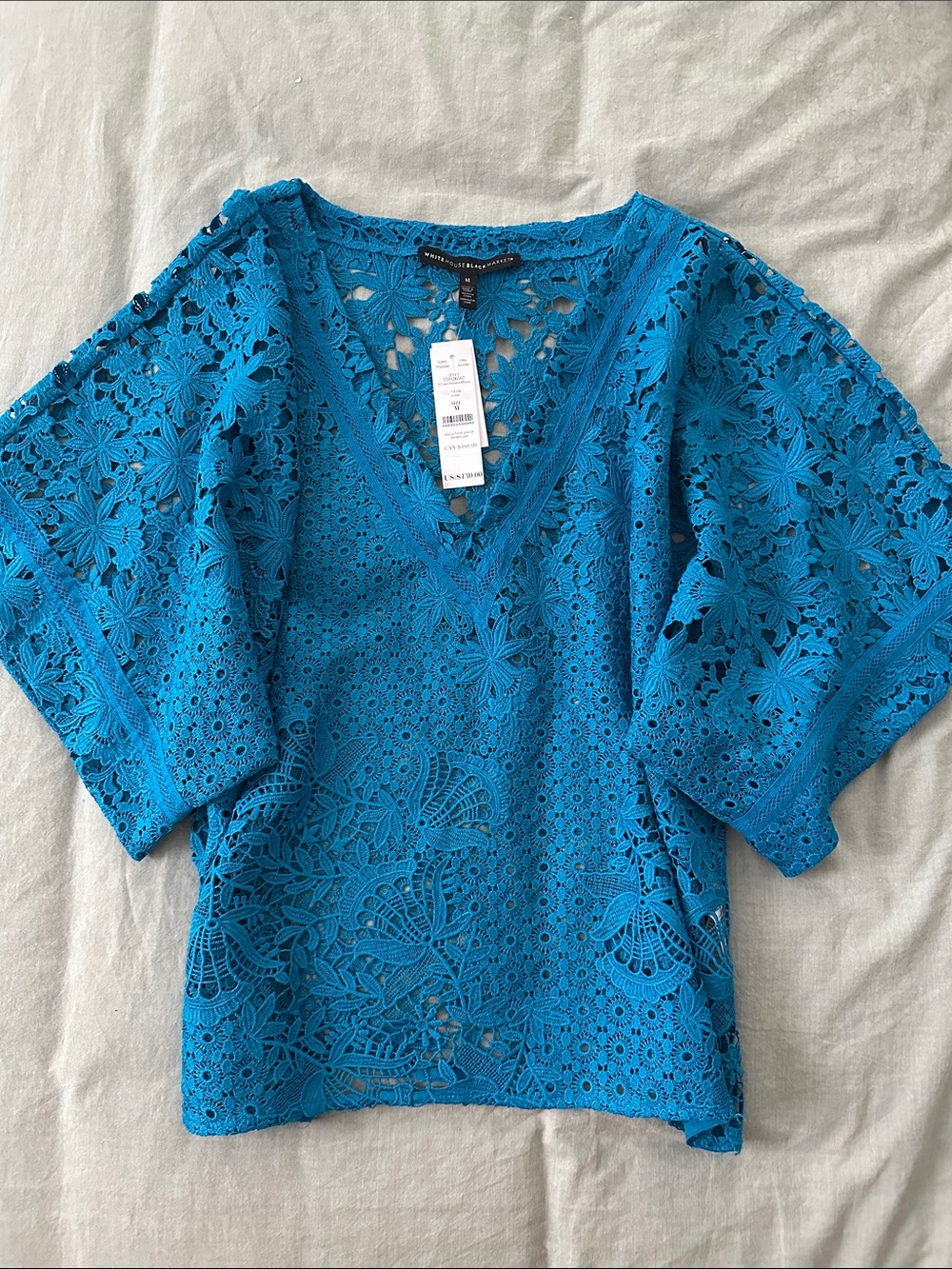 NWT WHBM Gorgeous Blue/Teal Crochet V-Neck Top - M Medium